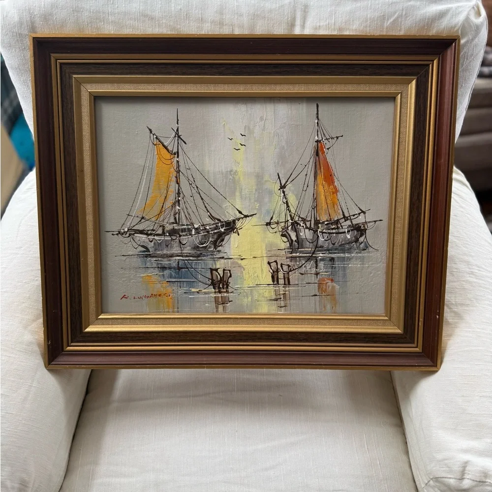 Vintage MCM signed framed Renato Longanesi boat painting - Picture 2 of 10